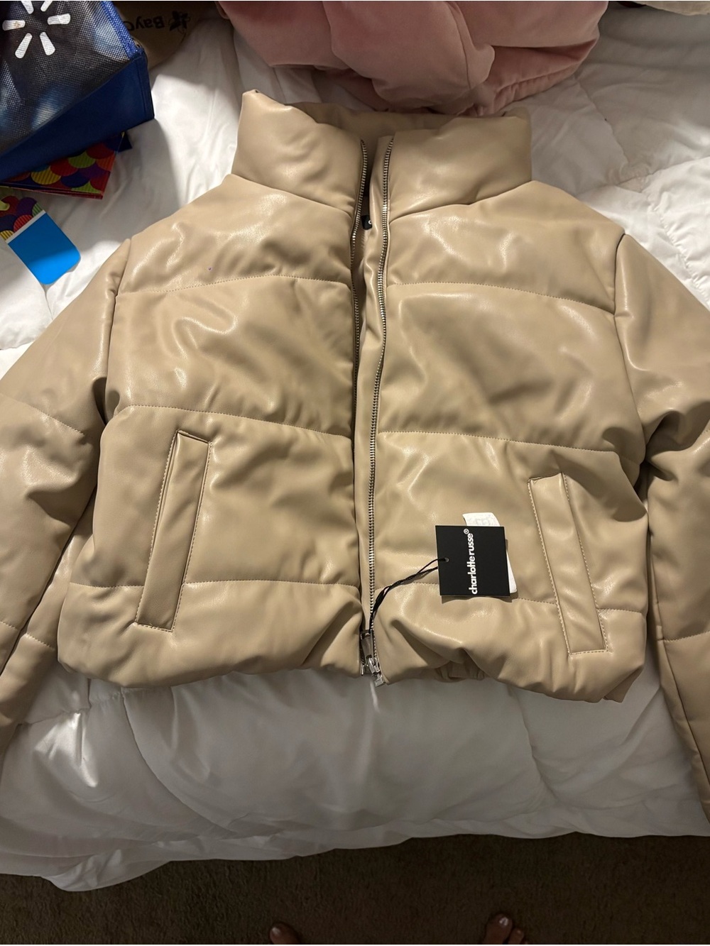 Charlotte Russe Taupe Beige Vegan Leather Cropped Puffer Bomber Jacket